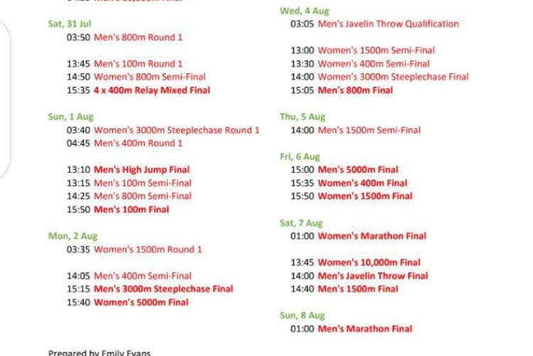 The Schedule for Tokyo Olympics 